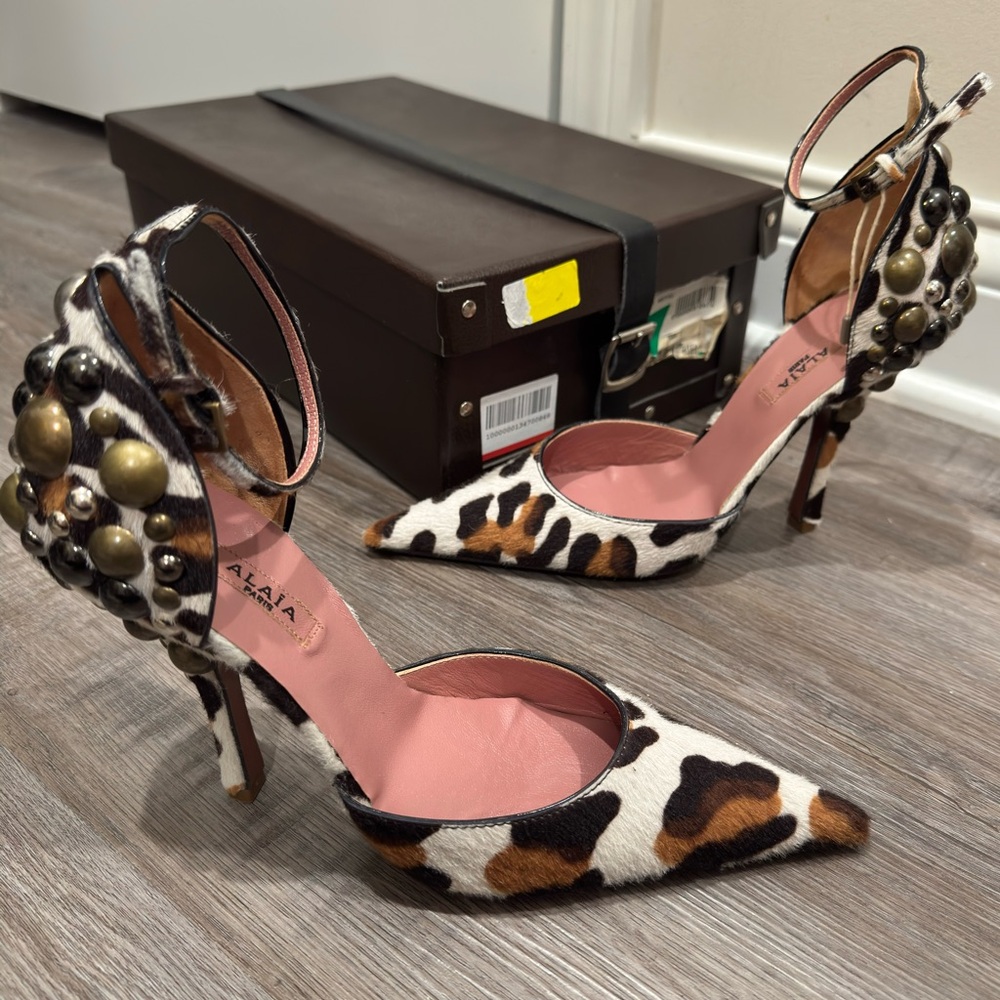 Alaia Leopard Print Pony Hair Studded Point Toe Heels - Picture 3 of 16